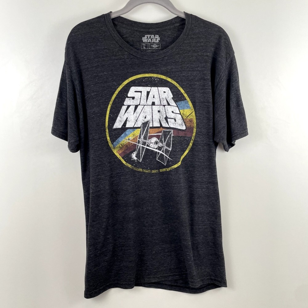 Star Wars T Shirt Gray Large Cotton X Wing & Tie Figther Sheer 90s